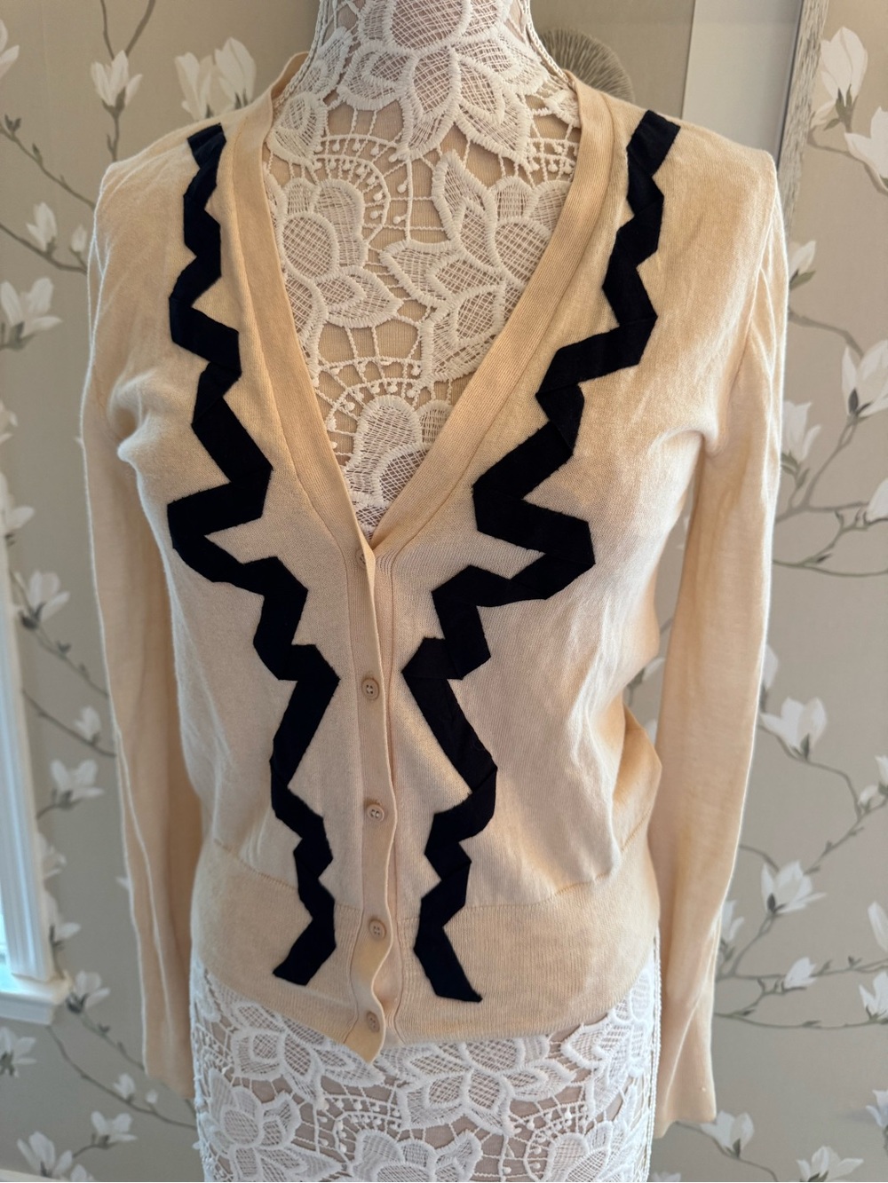 J. Crew Cream Cardigan with Black Zigzag Trim